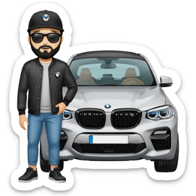 A man with black hair and beard standing next to his silver grey BMW X4 M competition with sunglasses and a black baseball cap on sticker