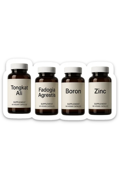 4 boccette di integratore: Tongkat Ali, Fadogia Agrestis, Boron e Zinco fluttuano in aria verticalmente sticker