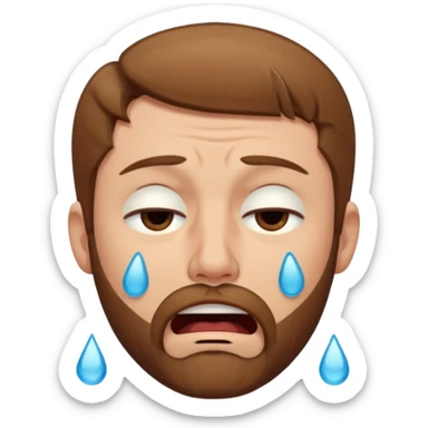 A man with light brown hair and a short brown beard making a wah cry face with eyes closed sticker