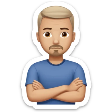 White man with short dark taper fade hair cut and slight goatee and neutral expression with his arms folded sticker