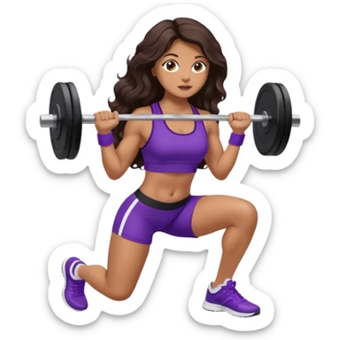 mujer de tez trigueña, con cabello castaño oscuro ondulado no muy marcado, con el cabello hasta las nalgas super largo estilizado, con ropa deportiva morada/lila, tenis blancos deportivos y levantando una pesa sticker