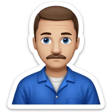 Graffiti from Lockdown with light skin, blue eyes, brown hair and thin mustache , cobalt blue inmate outfit  sticker