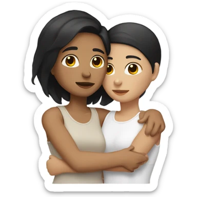 A lesbian couple with white skin and short black and brown hair hugging intimately sticker
