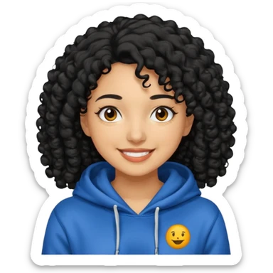 A women with a black curly hair who wear a hoodie and that hoodie have a some smorf sticker