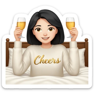A woman with shoulder-length black hair, light to medium skin tone, full cheeks, and almond-shaped eyes, wearing a white sweater with the word 'cheers' in gold script, lying comfortably on a bed with soft lighting, joyful and radiant expression, no drinks. sticker
