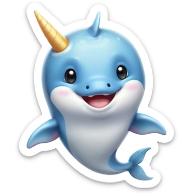 Cinematic Comical Cute Narwhal Portrait Emoji, Head tilted dramatically with an exaggeratedly amused expression, featuring a uniquely curved tusk, a sleek body with wide, comically expressive eyes brimming with playful disbelief, Simplified yet hilariously expressive features, highly detailed, glowing with a slightly sassy oceanic glow, high shine, dramatic yet playful, stylized with an air of cheeky marine mischief, soft glowing outline, capturing the essence of a meme-worthy cute narwhal that looks ready to side-eye its way into viral fame! sticker