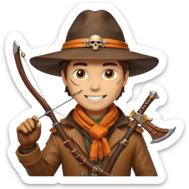 male human monster hunter emoji, wearing brown leather coat and wide hat, holding crossbow or rifle, with amulet shaped like skull, Halloween fantasy theme, confident smile, orange scarf, Apple emoji style, clean white background, square image sticker