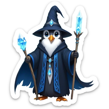 A mysterious penguin mage with sleek midnight-blue feathers, wearing a flowing black robe adorned with silver runes. A tall, pointed wizard hat sits slightly tilted on his head, the brim casting a shadow over his glowing icy-blue eyes. His flipper clutches an ancient wooden staff topped with a swirling crystal, radiating a soft, cold light. Snowflakes drift around him as he stands on a frozen cliff, his aura crackling with arcane energy, ready to summon a blizzard with a flick of his staff. sticker