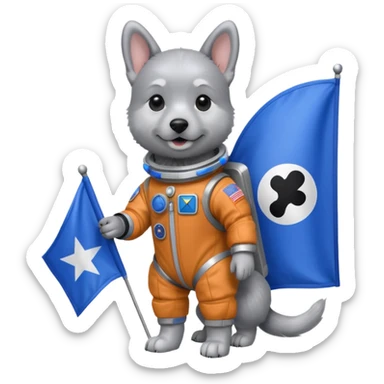 a gray dog in space suit, holding blue rectangle flag, full body, front view sticker