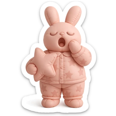 full-body pastel pink bunny in star-pattern pajamas, holding a star-shaped pillow, yawning with sleepy eyes, standing pose, cushion style sticker