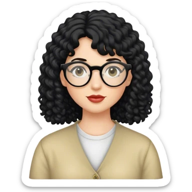 Mulher branca de cabelo preto estilo mullet cacheado e óculos redondo sticker