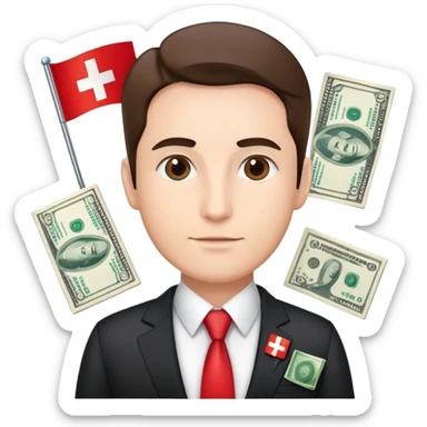 Swiss financial expert with business suit, Swiss flag pin, charts and money sticker
