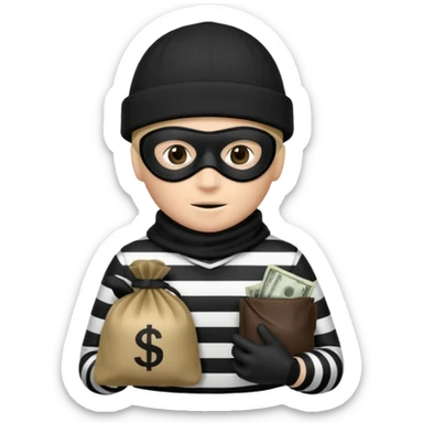 A emoji of a person wearing a black and white robber outfit and a black winter hat and a black mask and a Money Bag sticker