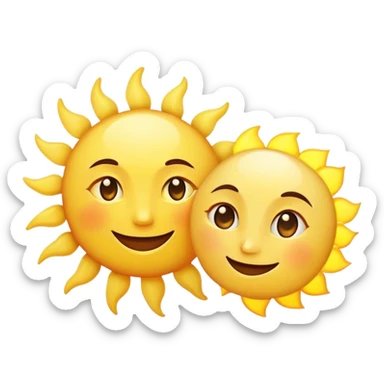a really bright  big sun and a small moon who shines because of it. the sun is bigger and the tiny \moon bright too beside it smiling looking at each other sticker