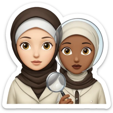 one wite hijabi one dark skin with her hair  out and hand lens and hat like true private inbestigators sticker