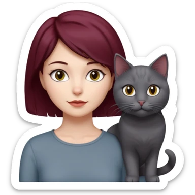 femme au cheveux court bordeau, yeux gris,  avec chat poils longs gris clair et chat poils ras noirs sticker