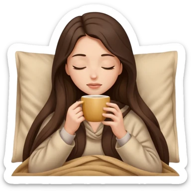 Brunette girl long hair inside a beige blanket sipping coffee eyes closed sticker