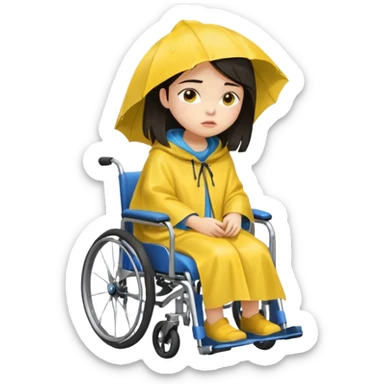 Girl with dark hair  in a wheelchair with rain poncho sad with rain  sticker