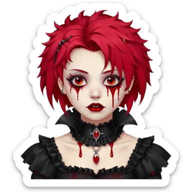 Shiny beautiful cute cool gorgeous attractive gothic vampiric lady with bloody hair, bloody lips, bloody face, blood-choker, spiked collar, frills, black dress, red rubies, messy tousled hair  sticker
