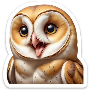 Cinematic Cute Yawning Barn Owl Portrait Emoji, Head tilted slightly with a dramatic, wide-open yawn, showcasing a soft, mottled plumage with subtle brown accents and gently drooping feathers, round amber eyes barely open in drowsy contentment, Simplified yet irresistibly adorable features, highly detailed, glowing with a soft, cozy glow, high shine, relaxed yet expressive, stylized with a touch of nocturnal whimsy, bright and endearing, soft glowing outline, capturing the essence of a sleepy yet affectionate owl, so drowsy it feels like it could glide out of the screen and curl up for a nap! sticker