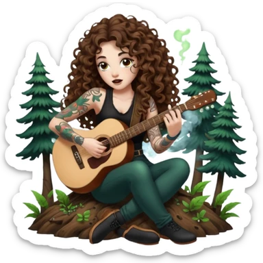 woman with long curly brown hair, brown eyes, white skin, tattoos, blowing glowing forest spores like stage smoke after a guitar solo sticker