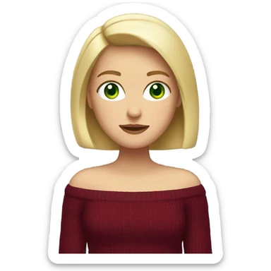 blonde girl with a bob, with green eyes, dressed in a burgundy sweater with open shoulders sticker