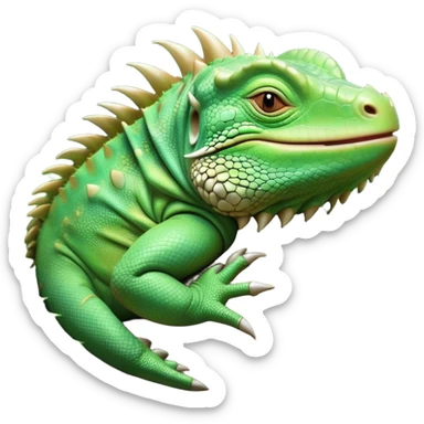 Meme-Worthy Cute Sleeping Iguana Portrait Emoji, Head resting peacefully with a contented smile, showcasing a solid, textured body with a subdued spiky crest and eyes gently closed in serene slumber, Simplified yet adorably endearing features, highly detailed, glowing with a soft, drowsy jungle light, high shine, relaxed and utterly lovable, stylized with an air of playful laziness, soft glowing outline, capturing the essence of a sleeping iguana that feels destined to become the next viral icon of adorable rest! sticker