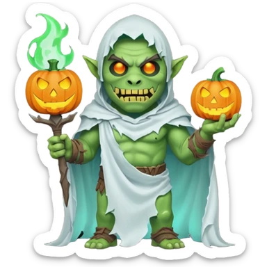 male orc warrior ghost emoji, green skin, tusks, wearing torn white ghost sheet costume, holding glowing jack-o'-lantern, faint blue aura, friendly but spooky expression, Halloween fantasy theme, Apple emoji style, clean white background, square sticker