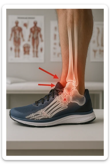 Realistic, vertical medical scene: a runner’s foot and lower leg are shown in profile, with a transparent overlay revealing a small stress fracture in the metatarsal bone. Red highlights and arrows indicate the area of pain and injury. The setting is a medical exam room, with anatomical charts in the background. sticker