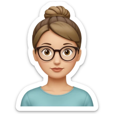 femme de 38 ans avec des cheveux blond foncé sans mèche devant, un chignon haut, yeux bruns, lunettes rondes, visage ovale sticker