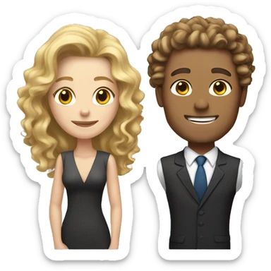 White man with brown hair in suit and blonde white woman with long curly hair sticker