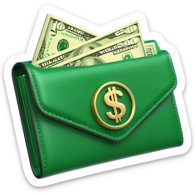 Rich emoji style greenleather wallet with dollar bills, luxury money vibe, premium 3D emoji, ultra clean, high detail, no background sticker