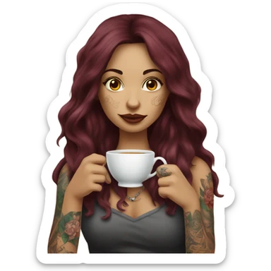 Beautiful tattooed  burgundy long haired woman sipping tea sticker