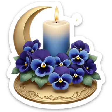 A dreamy celestial composition showcasing deep blue pansies with velvety petals, arranged around an intricately carved pearl-colored candle. The silver crescent moon in the background radiates a soft, celestial glow, illuminating swirling clouds with a hint of stardust. Floating lanterns drift gently through the night sky, casting warm, golden light. The scene is framed by delicate silver filigree patterns, giving it an elegant, almost magical feel. sticker