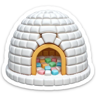 3D render of Marshmallow Igloo, made entirely of dessert materials, glistening sugar crystal texture, soft powdery white marshmallow bricks, delicious confectionery aesthetic, Apple emoji style, isolated on white background --v 6.0. sticker
