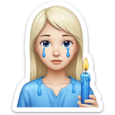 A blue candle held by a hand at 45 degree angle, wax dripping down sticker