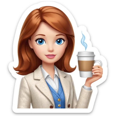 A Barbie girl with blue eyes, shoulder-length reddish-brown hair, made-up, wearing a white tweed jacket and a white skirt, with a glass of coffee in her hands sticker