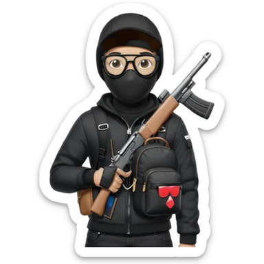 YN wearing a ski mask, holding a gun, all black fit, black jeans, Sprayground bookbag, confident stance with glasses sticker
