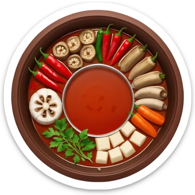 A hot pot emoji in top-down view. The pot is divided into two sections: one with spicy red broth filled with chili peppers, and one with mild white broth. Surround the pot with rolled slices of meat, vegetables, and mushrooms. sticker