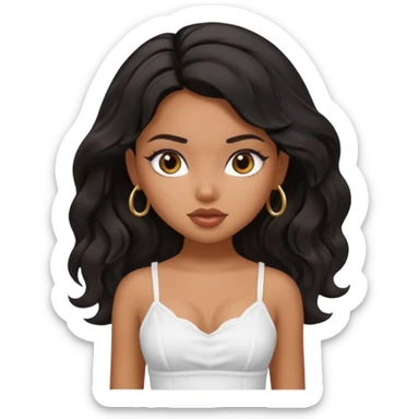 a pretty bratz tan girl with wavy black hair wearing a white cami top. Skintone is brown sticker