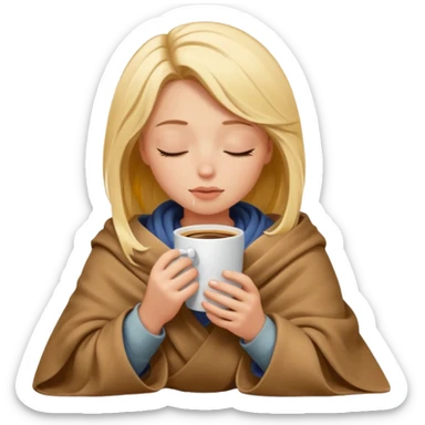 Blonde girl inside a blanket sipping coffee eyes closed sticker