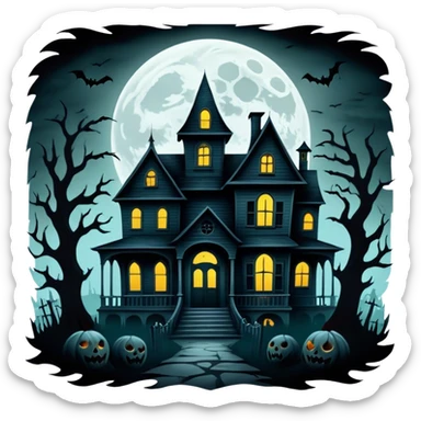 Icon for Horror Movies: A dark, eerie collage featuring iconic horror elements like a haunted house, a full moon, sinister shadows, and creepy creatures emerging from the darkness. The atmosphere should be chilling, with a feeling of suspense and fear. Transparent background. sticker