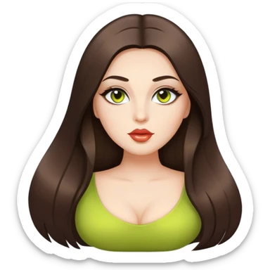 Curvy but beautiful brunette girl, chartreuse eyes, pin straight super long hair, modern style and glossy lips sticker