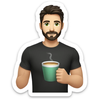 Handsome man with dark hair, holding an cup of coffee, gradient short hair on the side, green eyes. Thin face. Black t-shirt. A little beard. sticker