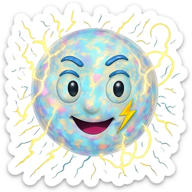 Make the Uranus emoji more eccentric with an opal-like iridescent texture. Add wild, electric, chaotic energy and a playful, unconventional face. Keep the background transparent. sticker