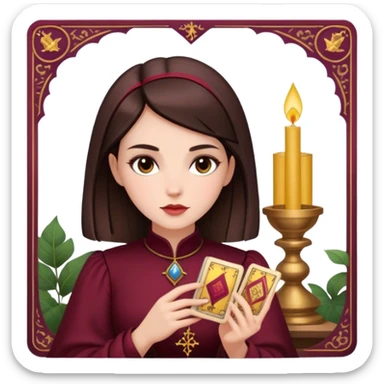 A brunette girl with a square hairstyle reading the Burgundy tarot sticker