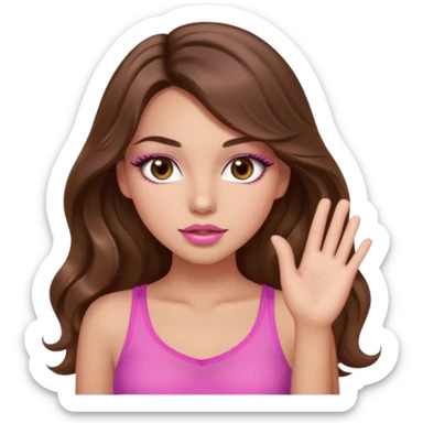 girl with long wavy brown hair, brown eyes, light to medium complexion, in a pink sexy top, pink lips, long lashes, silent motion with the hand sticker