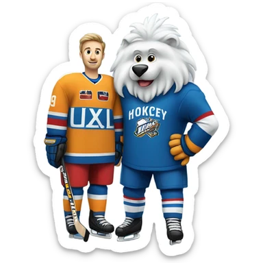 A man with a hockey mascot sticker