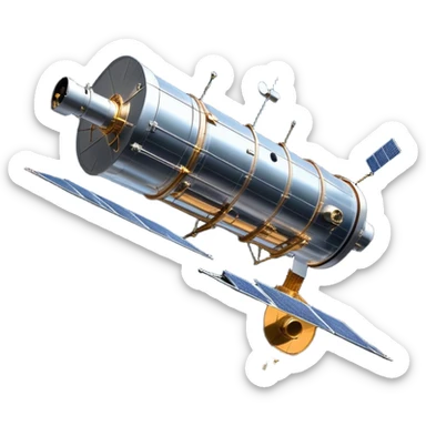 cinematic-realistic-hubble-space-telescope-emoji, an awe-inspiring, ultra-detailed depiction of the Hubble Space Telescope floating in space, its large, reflective metallic surface gleaming against the backdrop of the infinite blackness. The telescope's vast solar panels extend outwards, catching the light from distant stars, while its intricate, cylindrical body showcases advanced, precise engineering. The telescope's large, hexagonal lens is pointed towards the cosmos, surrounded by mechanical components, wires, and sensors. The detailed textures of the telescope’s metallic exterior, the shiny reflective coating, and the intricate grid-like solar panels are sharply contrasted against the void of space, with distant stars and nebulae faintly visible in the background, adding to the sense of scale and technological marvel; rendered with extreme realism and attention to detail. sticker