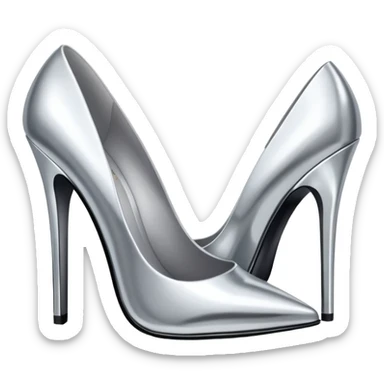 A pair of high heel shoes emoji made of polished silver chrome, elegant sharp silhouette, smooth metallic surface, glossy reflections, luxury sexy vibe, minimalistic iOS emoji style, centered, clean white background sticker
